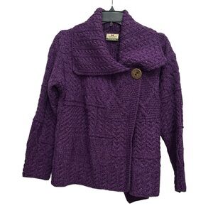 Carraig Donn Merino Wool Chunky Cable Knit Cardigan Size Small Purple Fisherman